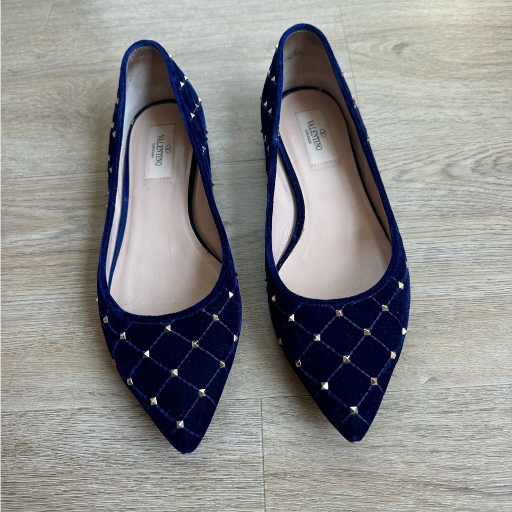 Valentino blue velvet rockstud ballet flats size 38